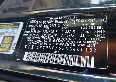 2019 Kia Sorento 3.3L Ex z USA, uszkodzony, nr VIN 5XYPHDA52KG466132